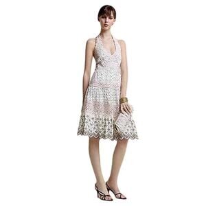 Y2K Halter Lace Embroidered Midi Dress Size 4 Ivory Beige Boho Scalloped Hem